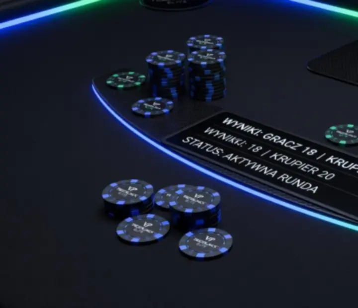 Stół blackjack z nowoczesnym podświetleniem LED w ciemnej, eleganckiej aranżacji eventowej