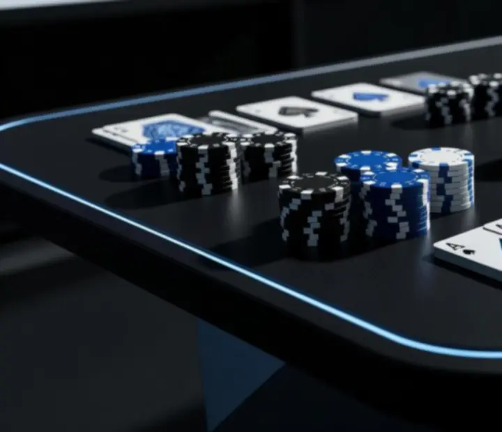 Zbliżenie na żetony pokerowe i karty w nowoczesnej, podświetlanej oprawie