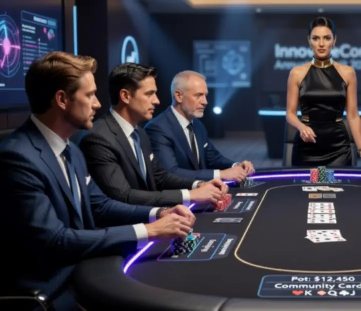 Stół pokerowy w trakcie wydarzenia firmowego z gośćmi skupionymi nad kartami
